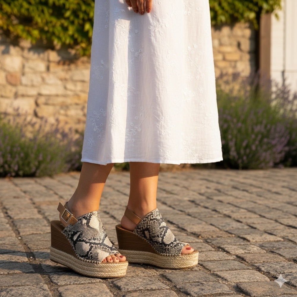 Soda Black and Tan Snake Print Wedges